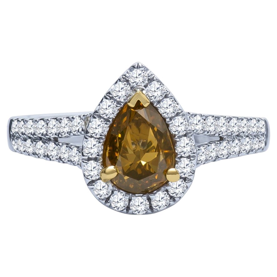 1ctw Pear Shape Fancy Deep Brown/Yellow/Orange Halo Engagement Ring VVS2 For Sale