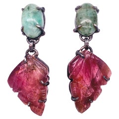 Jade and Tourmaline Dangle Earrings, Sterling Silver, Leaf Design, 36 Carats