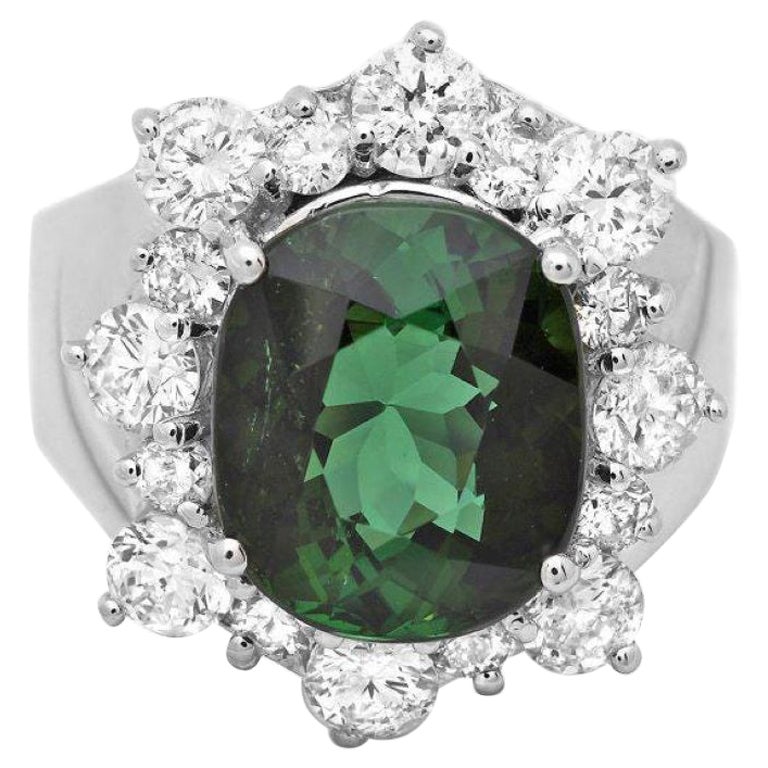 7.80 Carats Natural Green Tourmaline and Diamond 14K Solid White Gold Ring For Sale