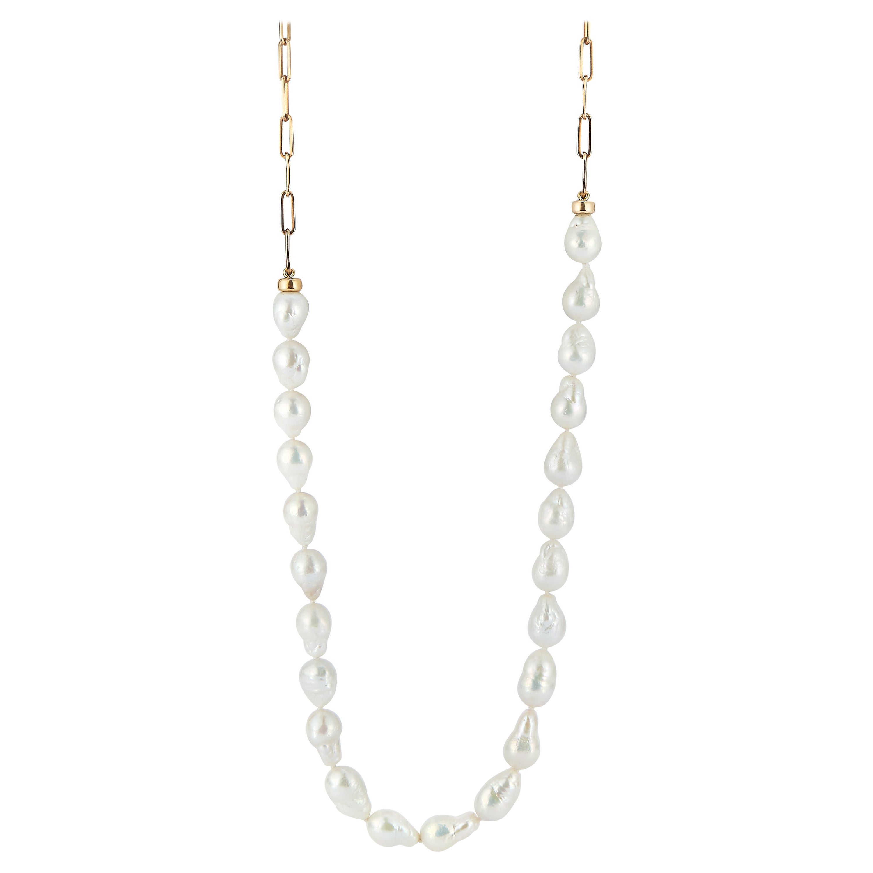 Half Baroque Pearl and Half 14k Gold Paperclip Chain Long Convertable Necklace For Sale