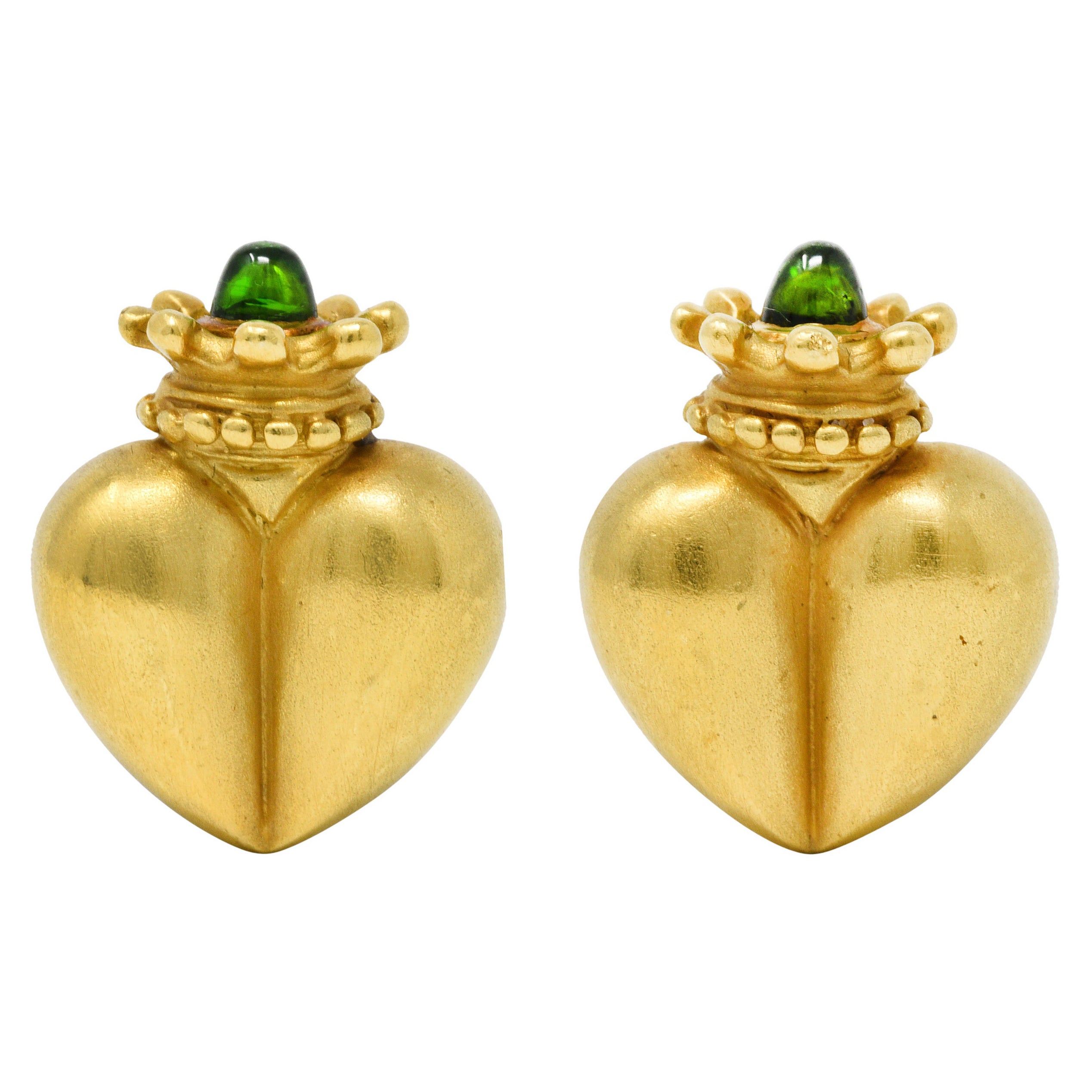 Vahe Naltchayan Diopside 18 Karat Gold Crown Heart Earrings