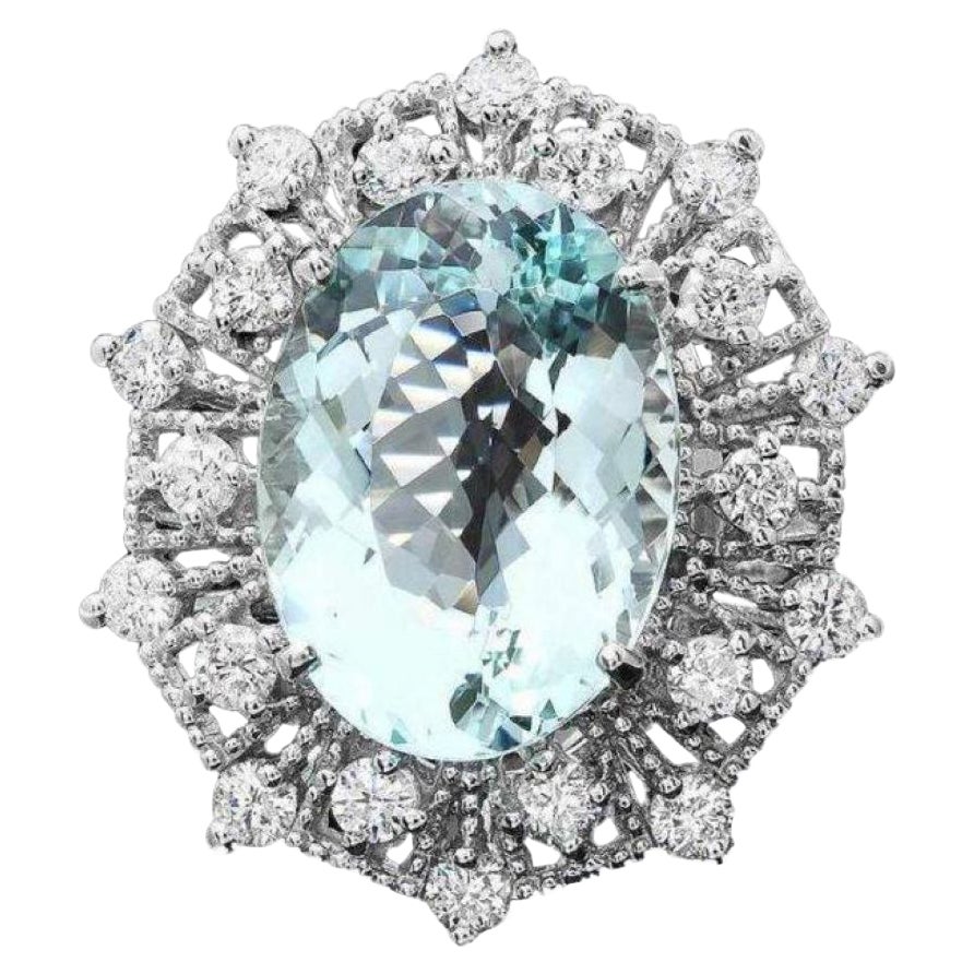12.30 Carats Natural Aquamarine and Diamond 14K Solid White Gold Ring For Sale
