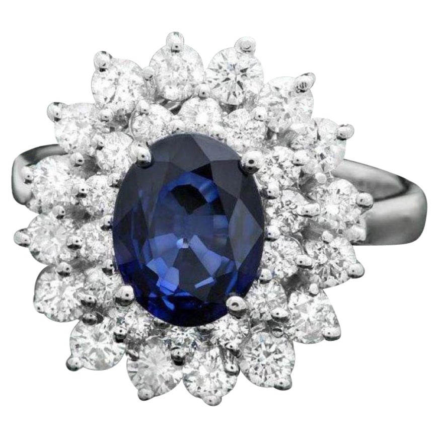3,10 Karat natürlicher blauer Saphir und Diamant 14K massiver Weißgold Ring