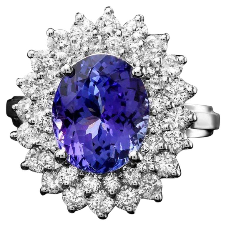 5.20 Carats Natural Tanzanite and Diamond 14K Solid White Gold Ring For Sale