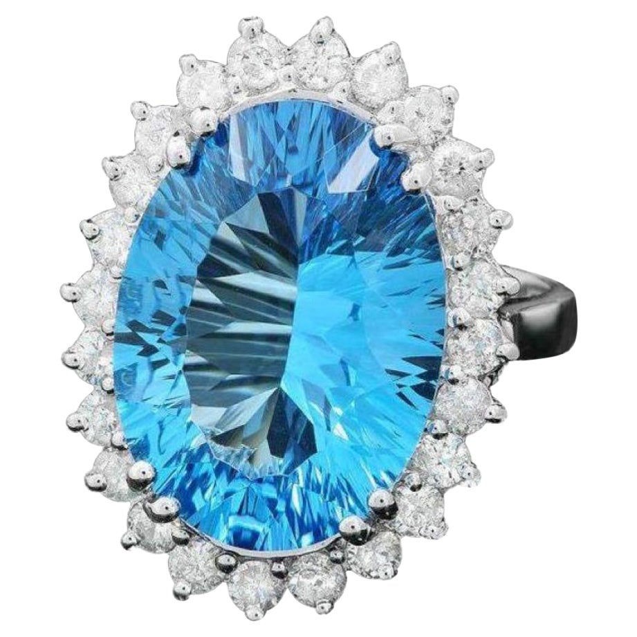 12.40 Carats Natural Blue Topaz and Diamond 14K Solid White Gold Ring