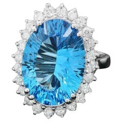 Bague en or blanc massif 14 carats avec topaze bleue naturelle de 12,40 carats et diamants