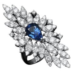 14 Karat massiver Weißgold Ring mit 5,80 Karat natürlichem blauen Saphir und Diamant