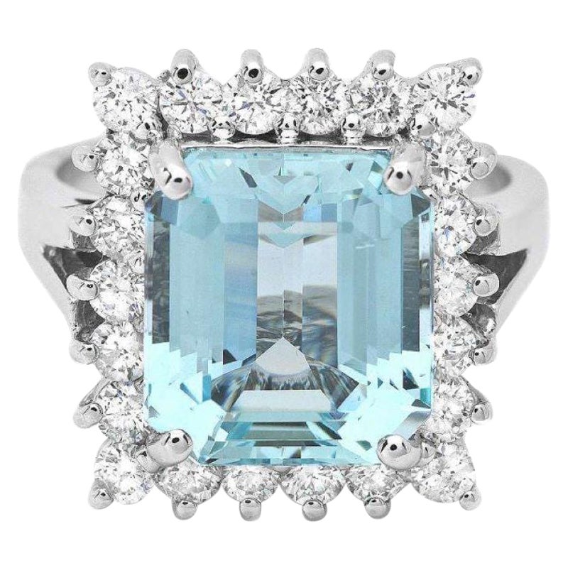 4.90 Carats Natural Aquamarine and Diamond 14K Solid White Gold Ring For Sale