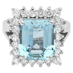 Anillo de oro blanco macizo de 14 quilates con aguamarina natural y diamantes de 4,90 quilates