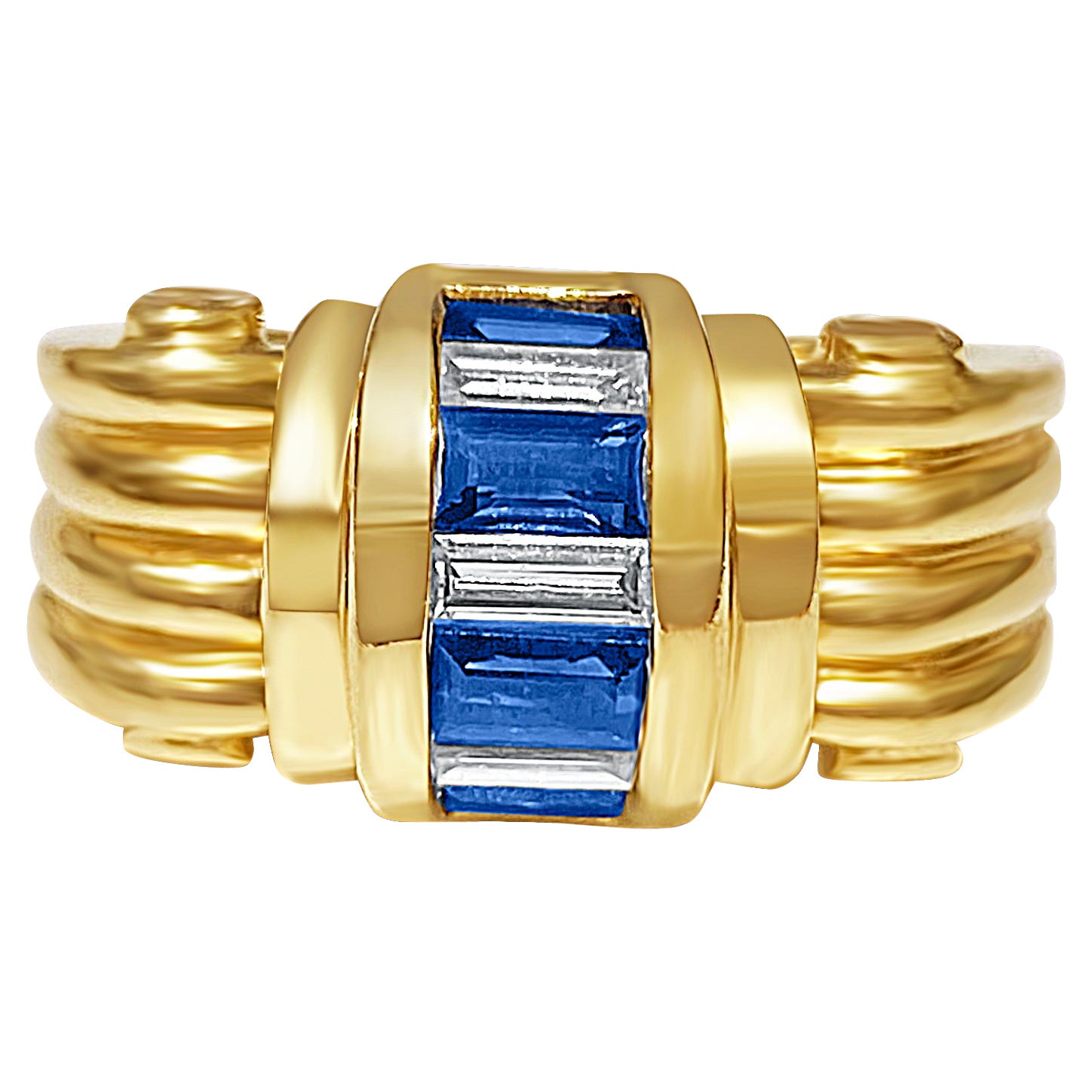 Ring aus 18 Karat massivem Gold mit natürlichem Diamanten im Baguetteschliff und blauem Saphir