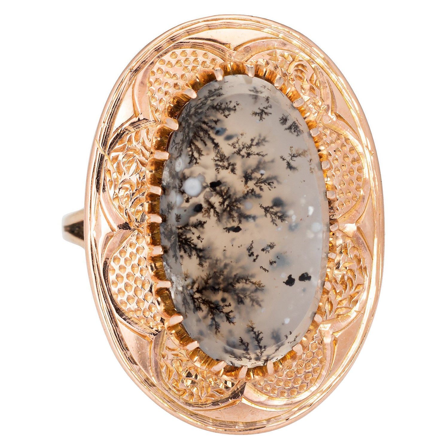Vintage Moss Agate Ring 10k Rose Gold Large Oval Cocktail Estate Fine Jewelry For Sale