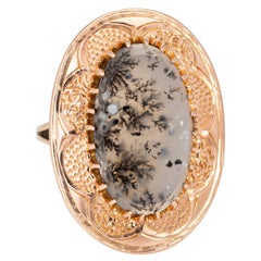 Retro Moss Agate Ring 10k Rose Gold Large Oval Cocktail Estate Fine Jewelry