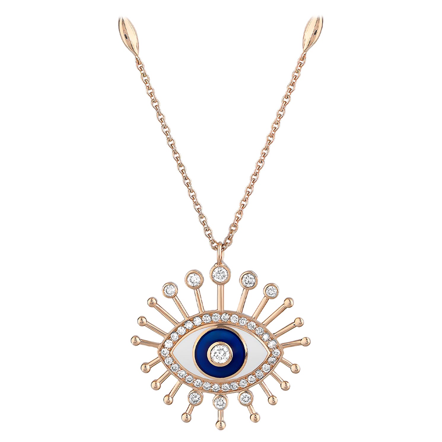 Diamond Evil Eye Talisman Necklace 18 Karat Rose Gold White and Blue Enamel For Sale