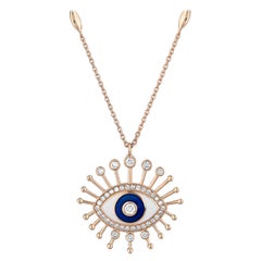 Diamond Evil Eye Talisman Necklace 18 Karat Rose Gold White and Blue Enamel