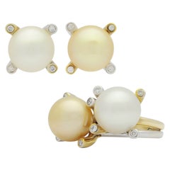 Two Tone 18 Karat Gold, Diamond and South Sea Pearl Ring and Earrings Suite