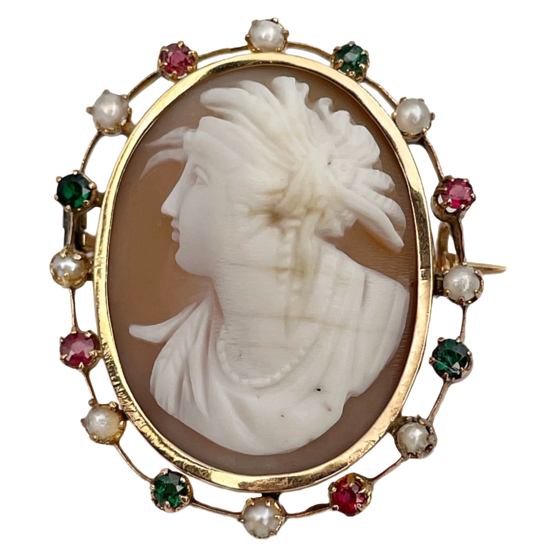 Victorian 14 Karat Gold Pearl Garnet Left Facing Cameo Pin Brooch