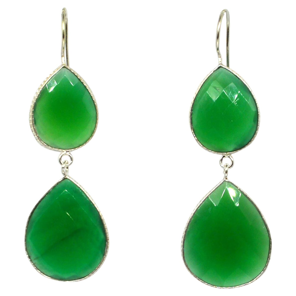 Decadent Jewels Green Chalcedony Faceted Teardrop Sterling Silver Earrings For Sale