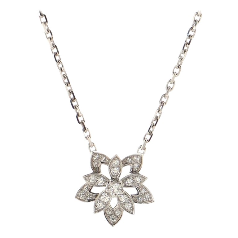 Van Cleef & Arpels Lotus Openwork Pendant Necklace 18K White Gold with Pave