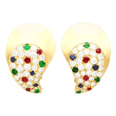 French 1.97 Carat Diamond Ruby Emerald and Sapphire 18k Yellow Gold Earrings