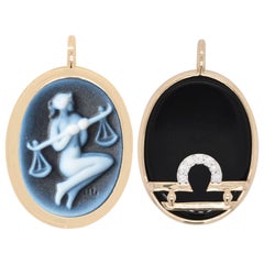 Reversible Libra Carving Cameo Zodiac Diamond 14 Karat Gold Pendant Necklace