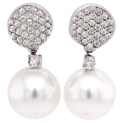 18K White Gold Pavé Set Diamonds Round South Sea Pearl Drop Dangle Earrings