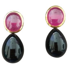 Natural Ruby Oval Cabochons 14 Karat Gold Bezel Black Onyx Round Drops Earrings