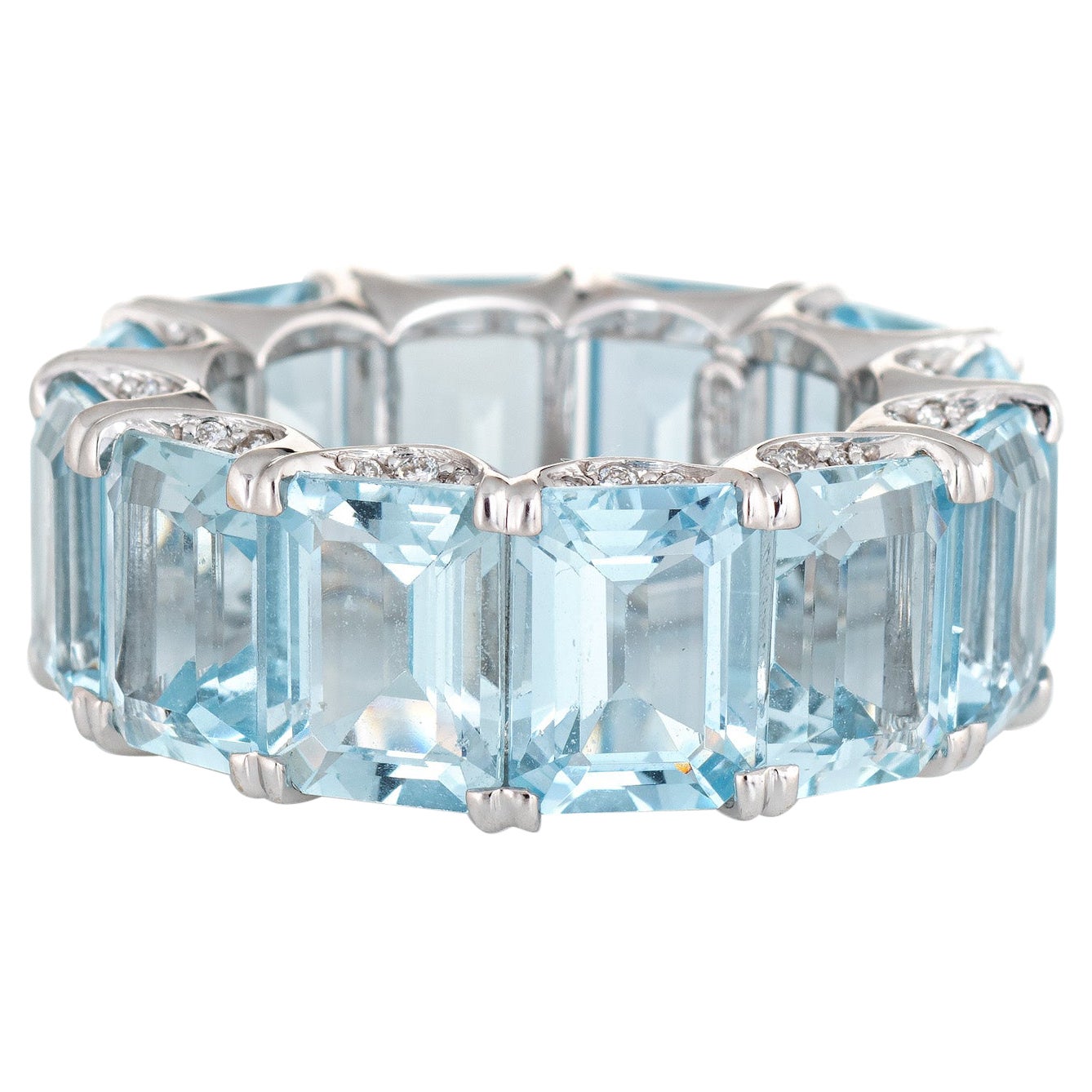 Aquamarine Eternity Ring 18K Estate Diamond Crescents Gemstone Band