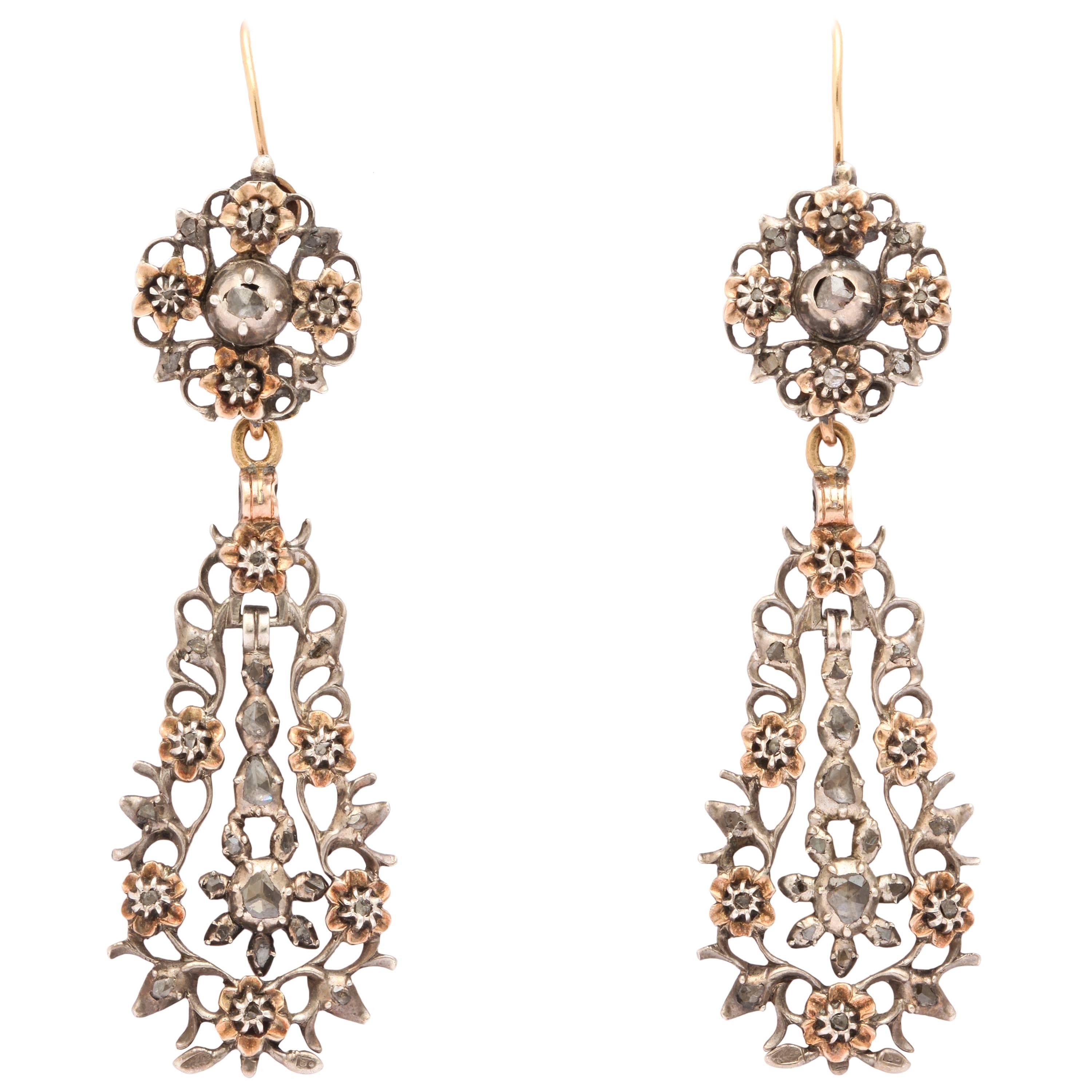 15 kt and Sterling, Gold and Diamond Flemish Chandelier Earrings c.1820 