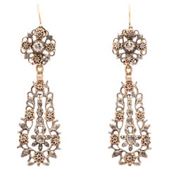 Antique 15 kt and Sterling, Gold and Diamond Flemish Chandelier Earrings c.1820 