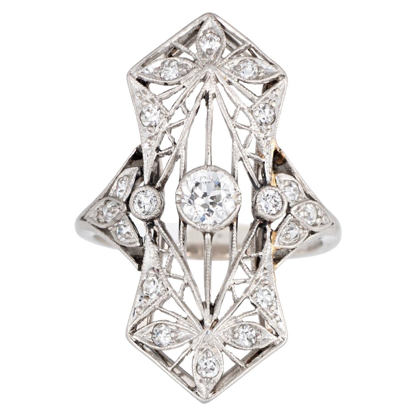 Antique Edwardian Diamond Ring Platinum Flower Design Vintage Plaque Jewelry 5