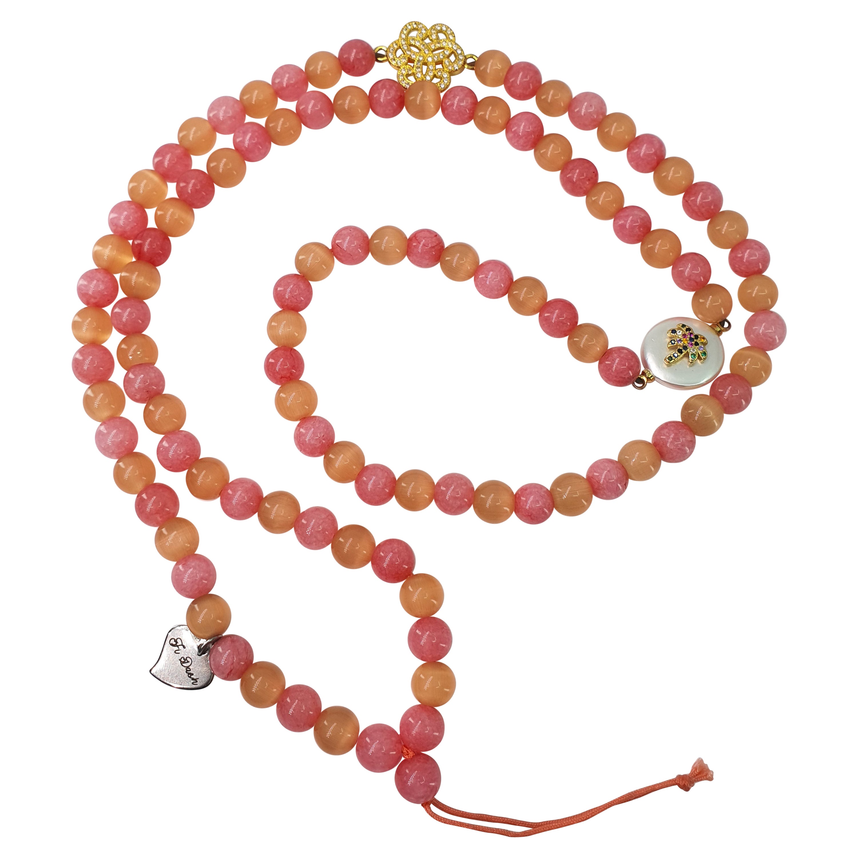 Pink Angelite and Peach Cat Eye Beads Strap with 2 Charms For Sale