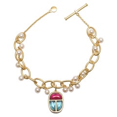 Ammanii Charm Scarab Link Bracelet with Freshwater Pearls in Vermeil Gold