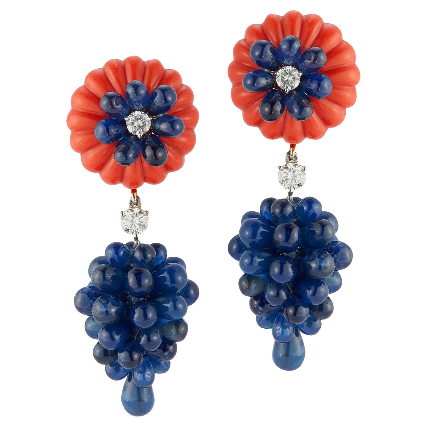 Carved Coral, Sapphire & Diamond Earrings by Carvin French For Sale