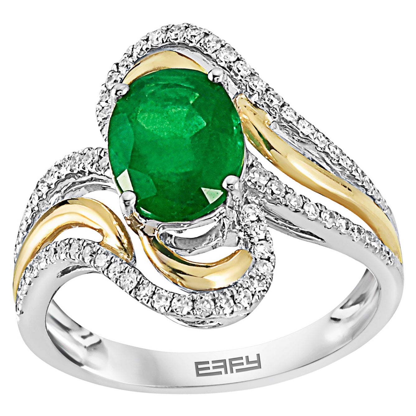 Effy 14 Karat White & Yellow Gold Emerald and Diamond Ring  For Sale