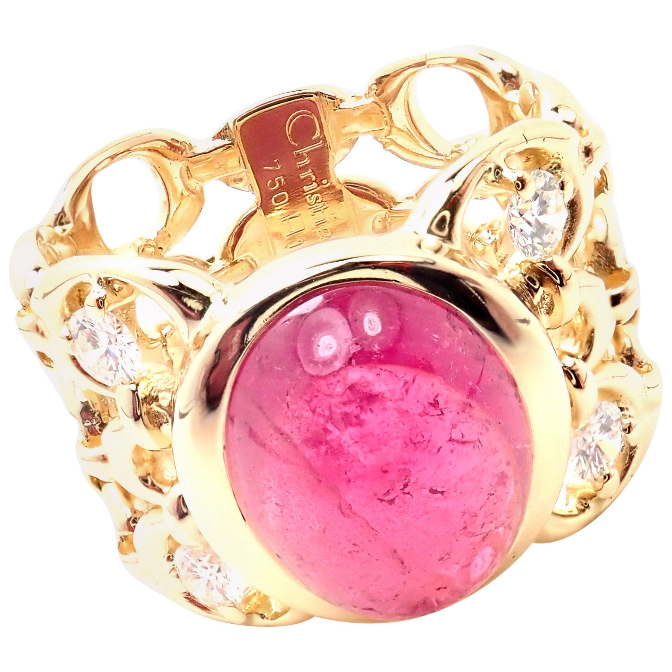 Christian Dior Diamond Large Pink Tourmaline Yellow Gold Band Ring For Sale