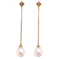 Pearl Diamond Drop Earring, Yellow Gold Wedding Dainty Long Earrings