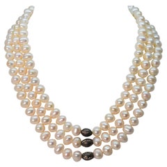 Multi Strand Button Pearl Necklace w Diamond Accented Sterling Silver Beads