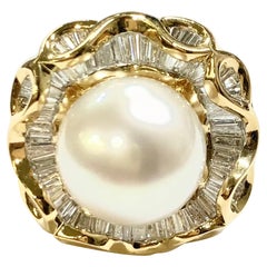 Vintage 2 Carat Baguette Diamond and South Sea Pearl Ring in 18K