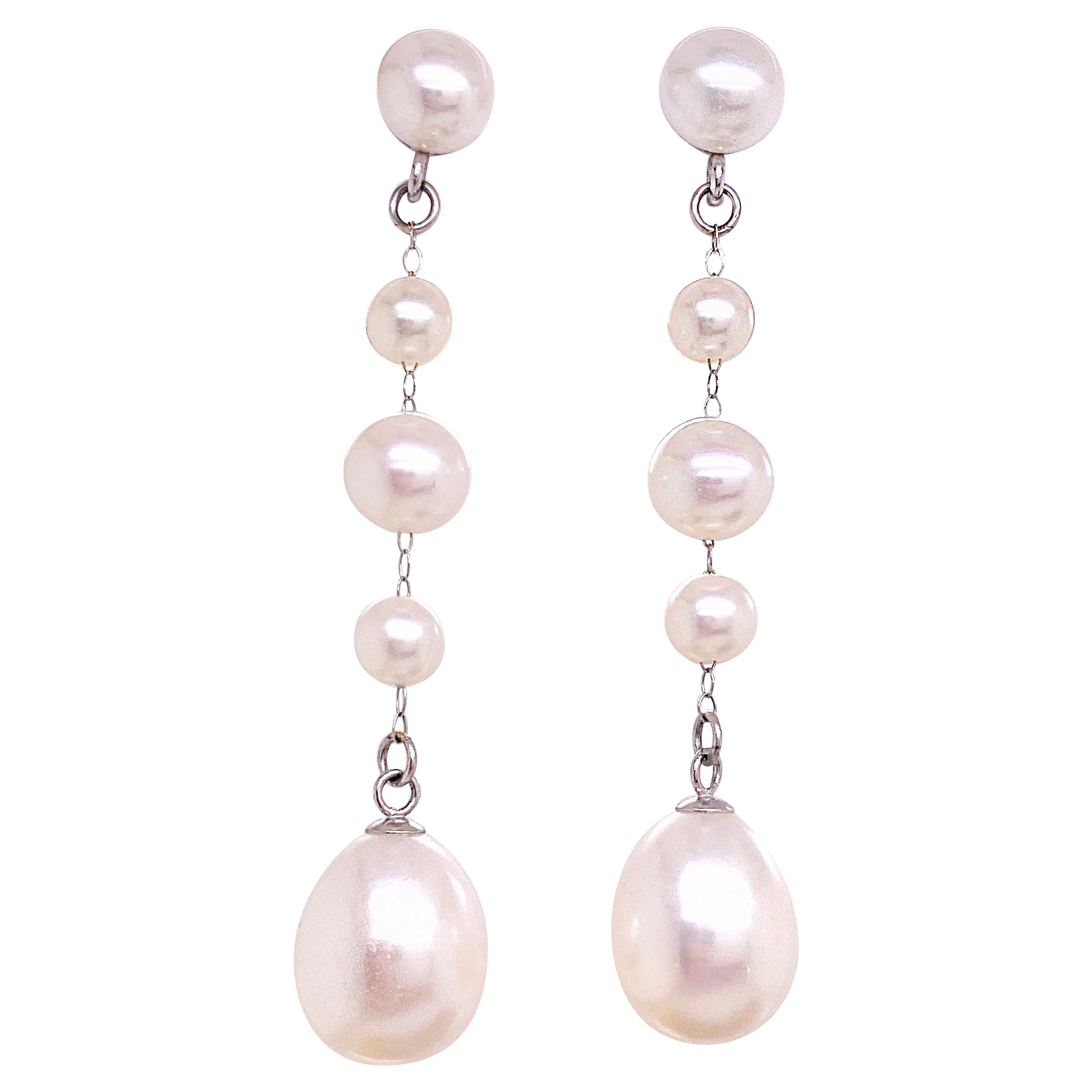 Five Cultured Pearl Dangle Earrings, White Gold Genuine Pearl Earrings For Sale
