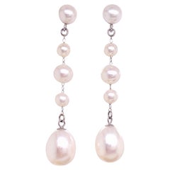 Five Cultured Pearl Dangle Earrings, White Gold Genuine Pearl Earrings