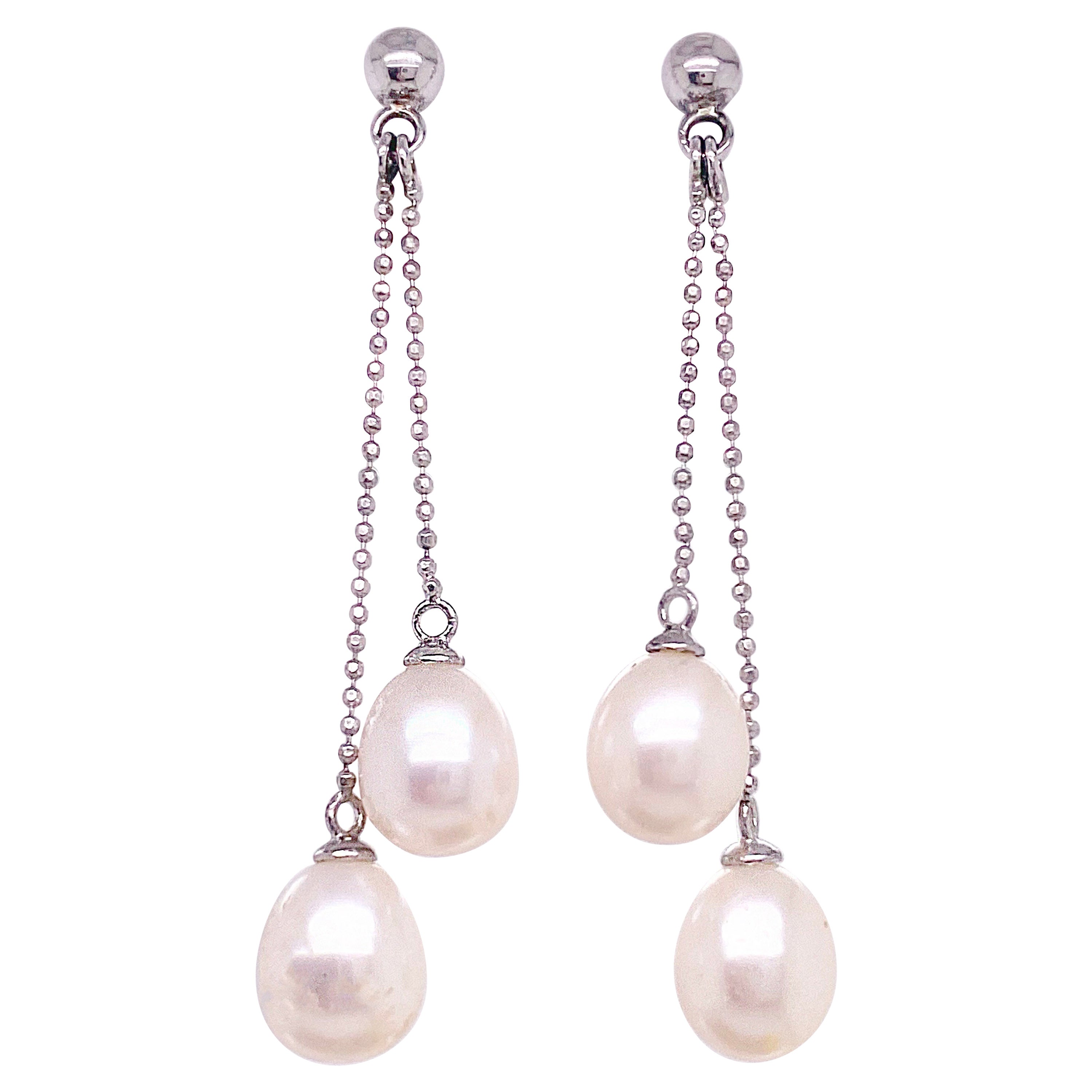 Double Pearl Dangle Earrings, Two Stand Dangle High Luster Cultured Pearls
