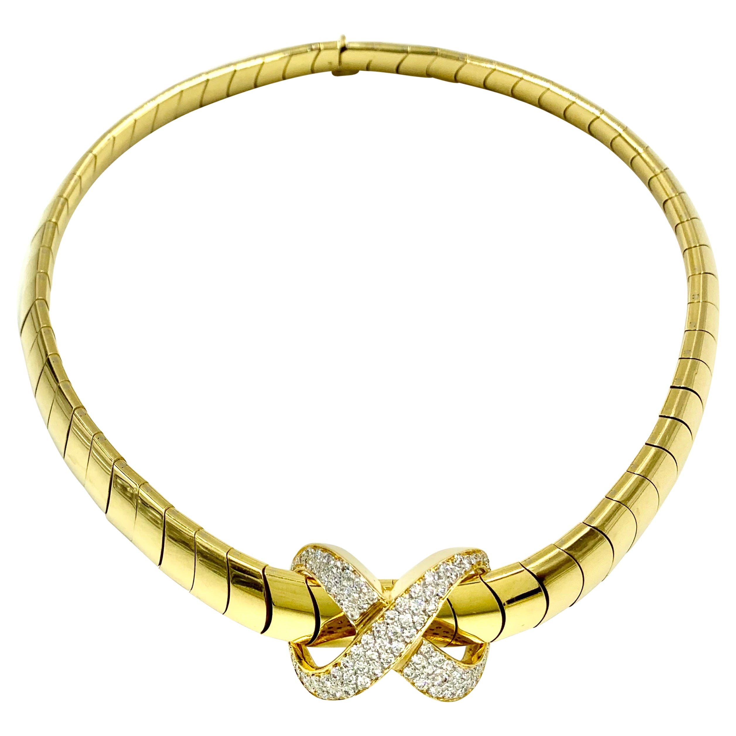 1980s Tiffany and Co. Diamond Inset Gold Necklace with Tiffany Pendant