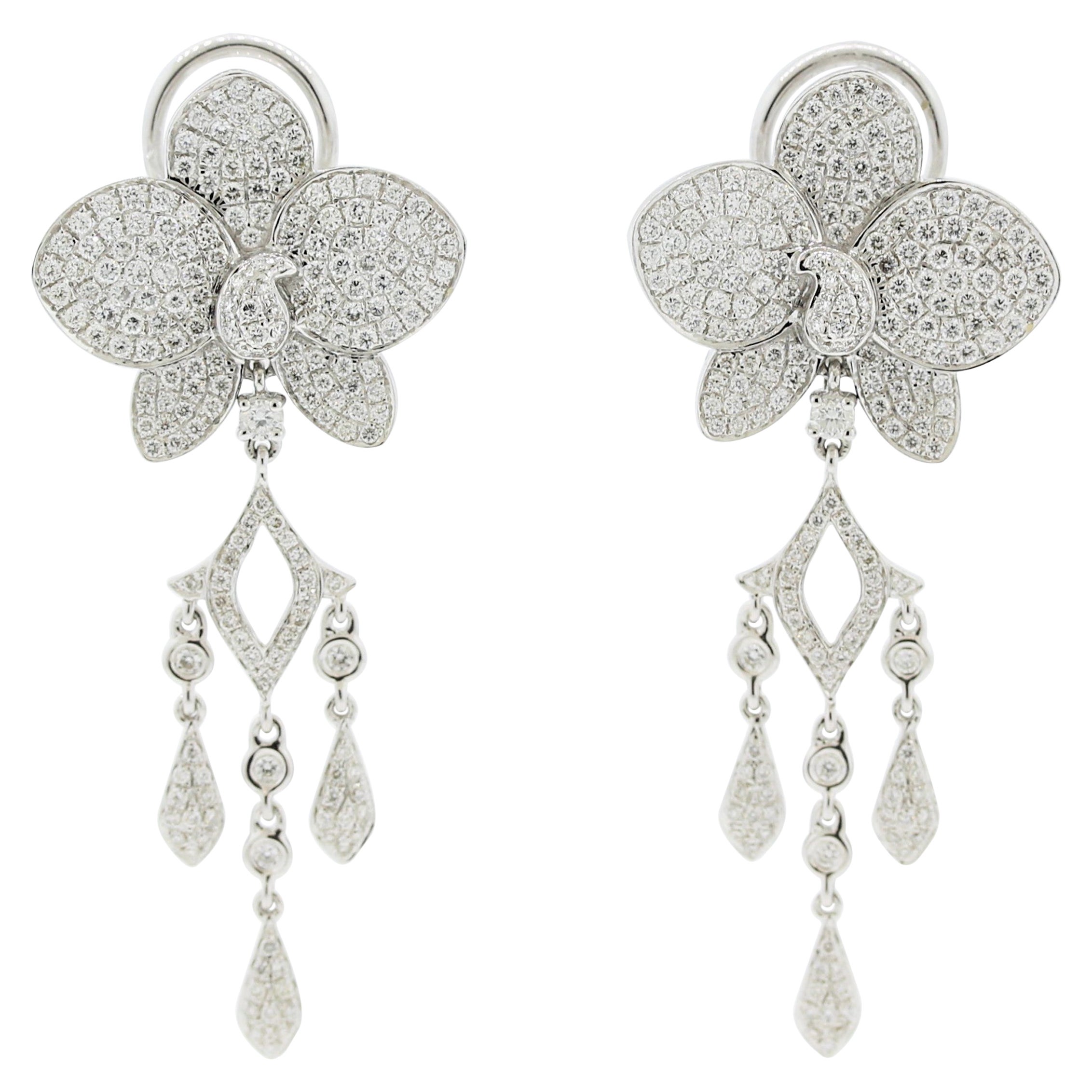 Diamond Flower Pave Gold Dangle Drop Earrings