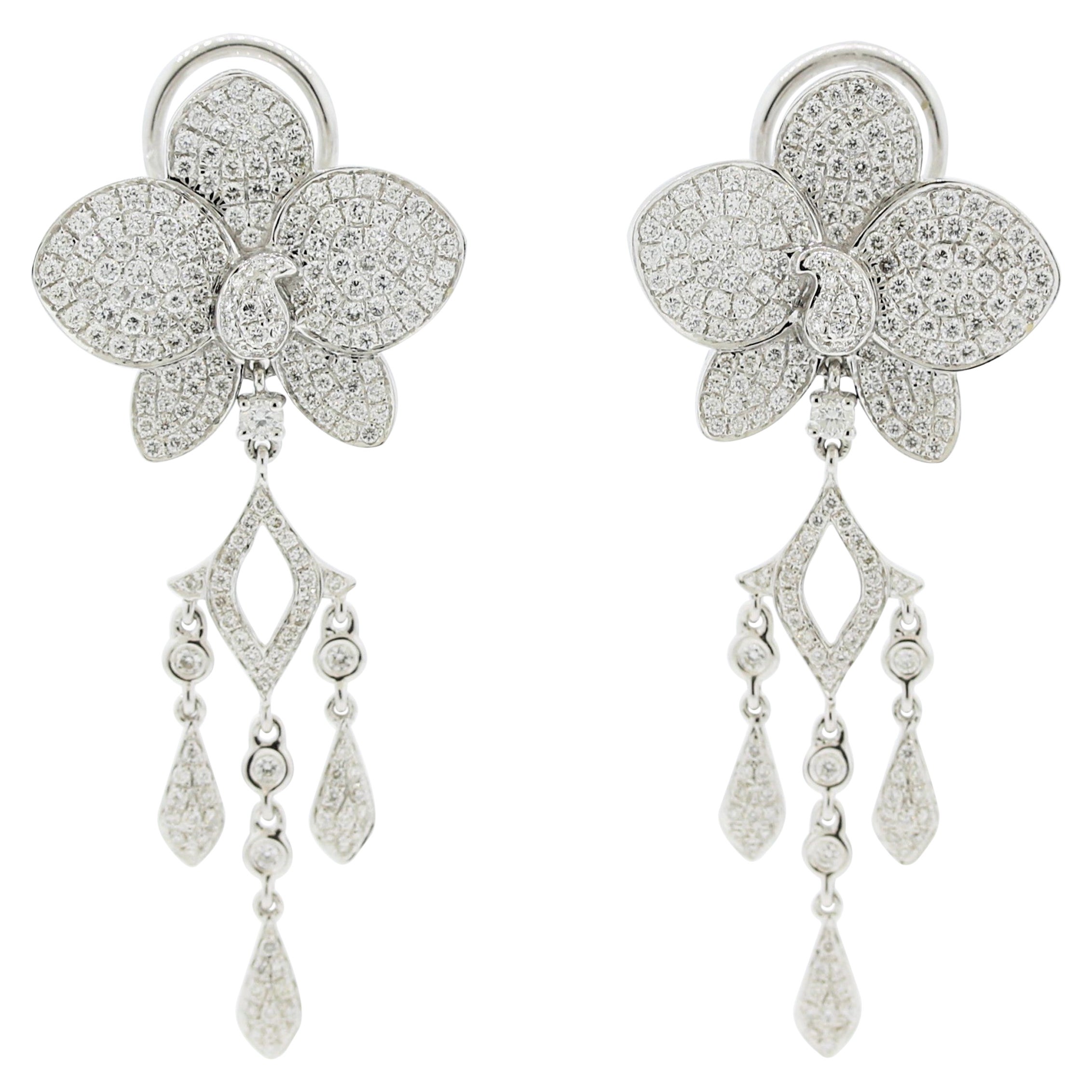 Diamond Flower Pave Gold Dangle Drop Earrings For Sale