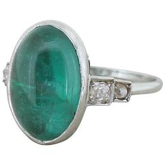 Edwardian 6.57 Carat Cabochon Emerald Platinum Ring