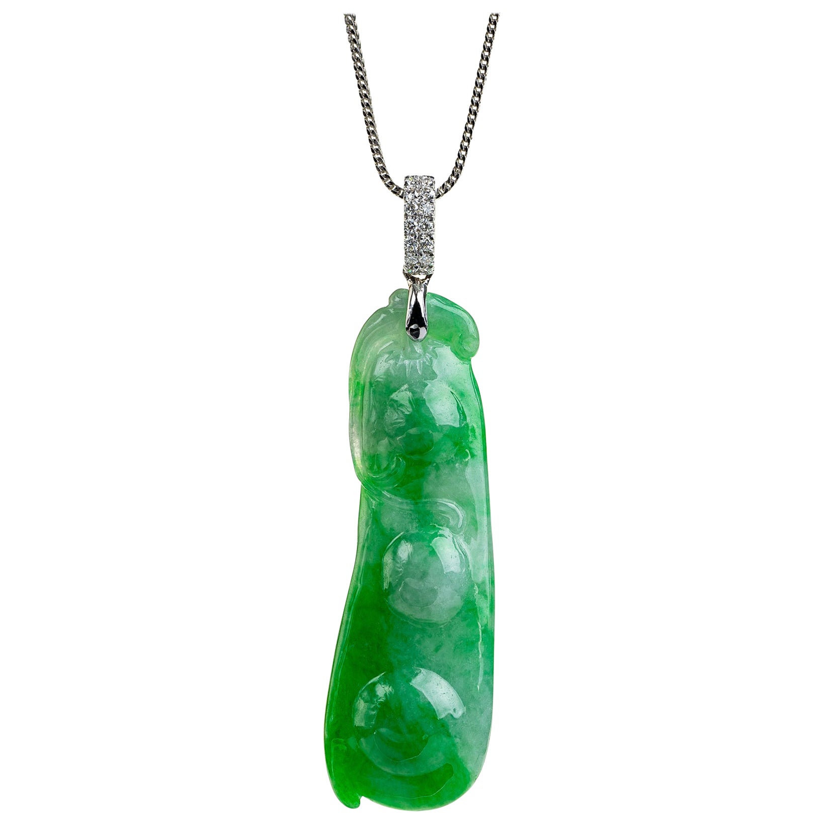 Green Peapod Jadeite Jade and Diamond Pendant, Certified Untreated For Sale
