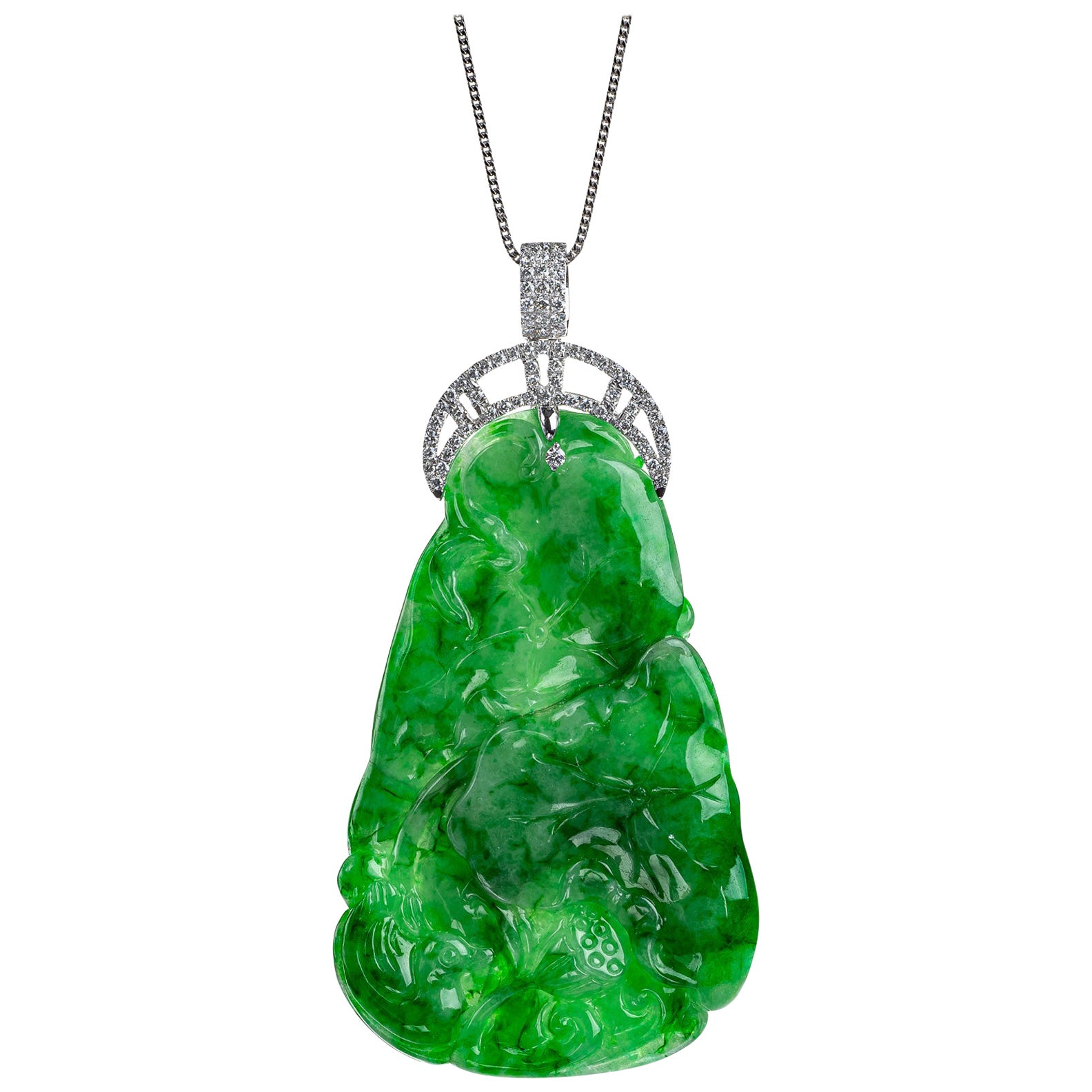 Green Jadeite Jade Lotus Leaf Diamond Pendant, Certified Untreated For Sale