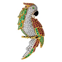 Vintage Diamond Ruby Emerald Onyx 18K Gold Parrot Pin Brooch