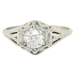 Antique 1926 Art Deco 0.76 Carat Diamond 18 Karat White Gold Hexagonal Engagement Ring