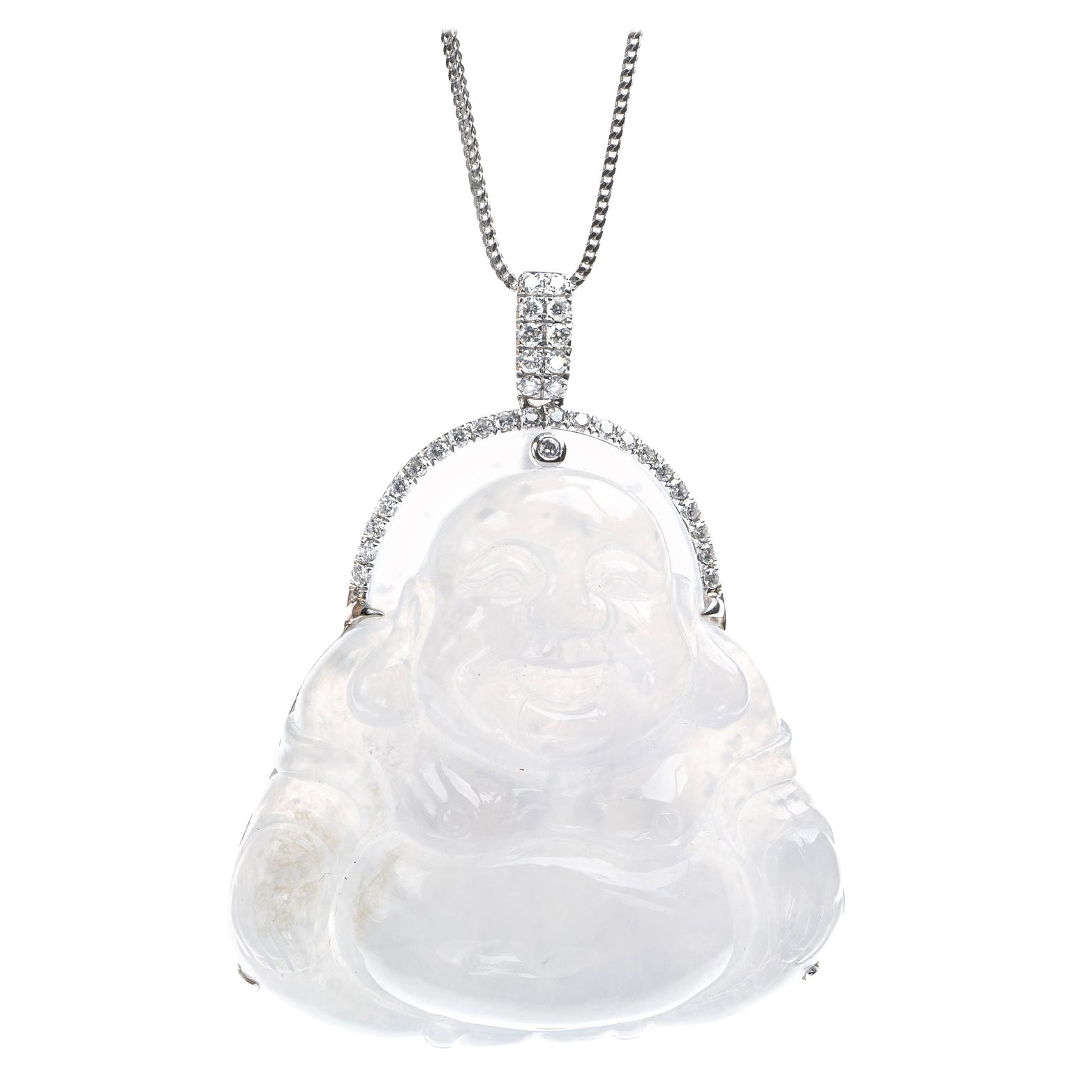 Ice Jadeite Jade Buddha and Diamond Pendant, Certified Untreated For Sale